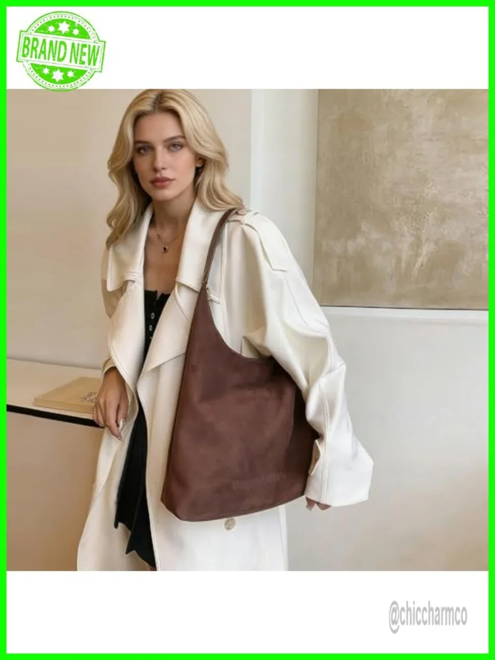 Faux Suede Slouchy Hobo Shoulder Bag Tote with Zipper